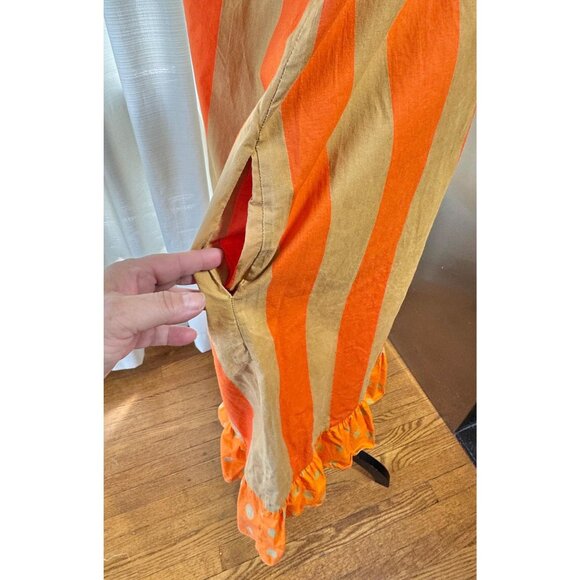 Vintage 1970s duster, orange, tan stripes & polka dots housecoat, short sleeves - Picture 4 of 9